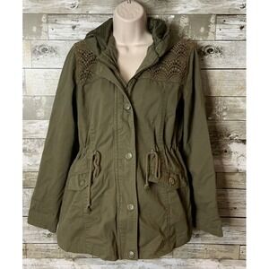 Me Jane Women's Green Zip Up Button Hooded Utility Jacket‎ Size M